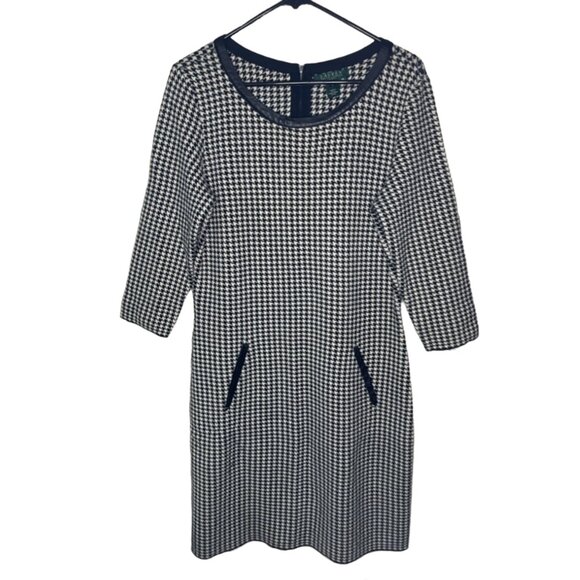 Ralph Lauren | Black and White Houndstooth Knit Sheath Dress - Picture 1 of 8
